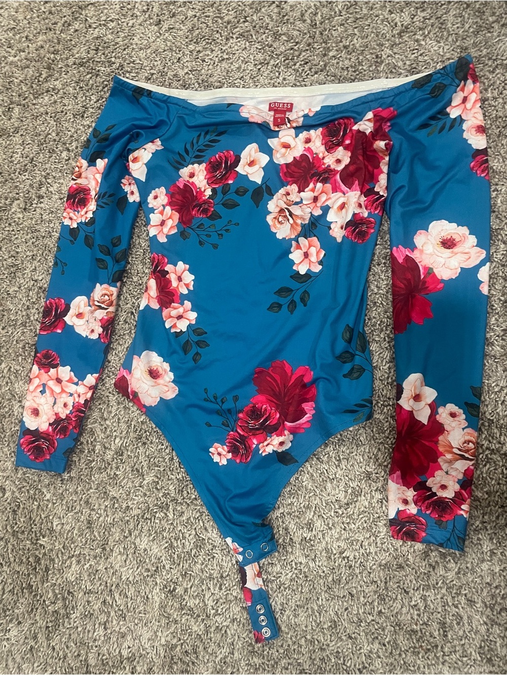 Guess Teal Off-Shoulder Floral Bodysuit with Pink & Red Blossoms